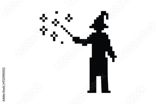 Pixelated wizard with pointed hat holds a radiant star in its hand against the white backdrop
