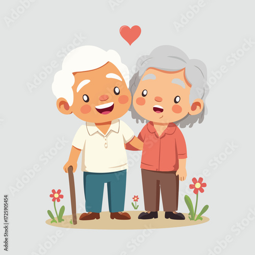 Flat vector illustration for Grandparents Day with elderly couple and grandchildren in playful, cozy scenes, solid color minimalist design, perfect for cards, banners, and social media.