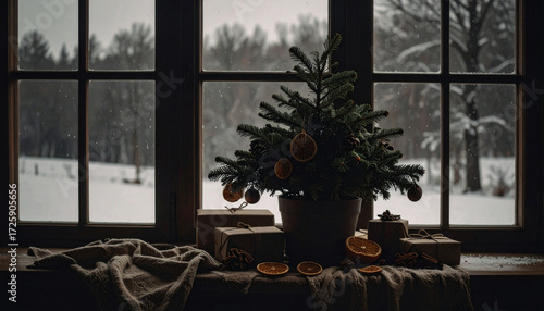 Living Christmas Tree in Pot. Vegan Lifestyle. Generated Image