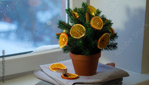 Living Christmas Tree in Pot. Vegan Lifestyle. Generated Image