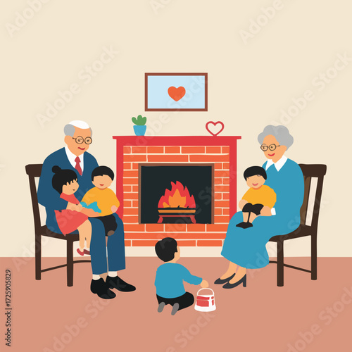 Happy Grandparents Day vector with grandparents and grandchildren in cozy home and outdoor scenes, minimal flat solid color design, ideal for cards, banners, and social media.