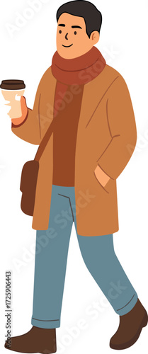 An illustrated man in a brown coat, red scarf, and blue jeans walks casually with a coffee cup in hand and a crossbody bag over his shoulder.