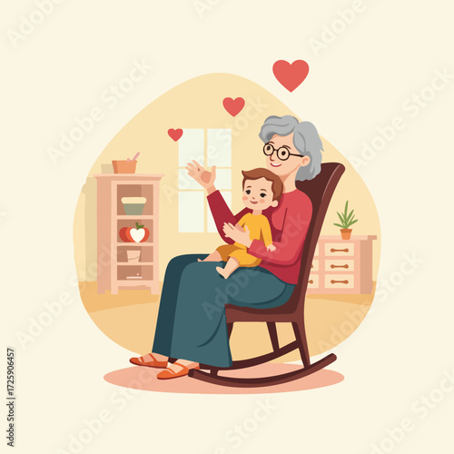 Flat vector illustration for Grandparents Day with elderly couple and grandchildren in playful, cozy scenes, solid color minimalist design, perfect for cards, banners, and social media.