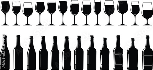 Wine glass and bottle silhouette collection, black vector clipart, drinkware icons, beverage packaging design, bar illustration, alcohol graphics