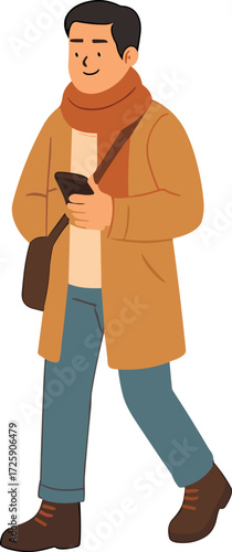 An illustrated man in a long brown coat, blue jeans, and scarf walks while holding a phone and carrying a shoulder bag.