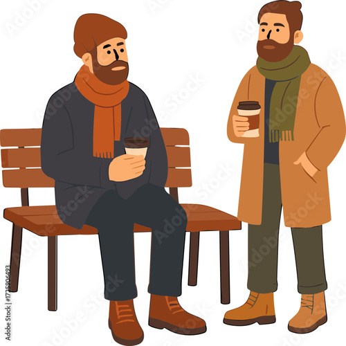 Two bearded men dressed in autumn outfits are enjoying coffee together, one sitting on a bench and the other standing, both wearing scarves, coats, and boots.