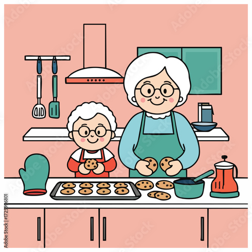 Flat vector illustration for Grandparents Day with elderly couple and grandchildren in playful, cozy scenes, solid color minimalist design, perfect for cards, banners, and social media.