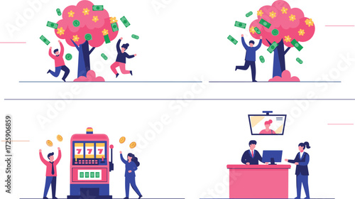 Money tree, jackpot win, online business teamwork, financial success, wealth growth, lucky moment, investment concept, digital economy, prosperity illustration