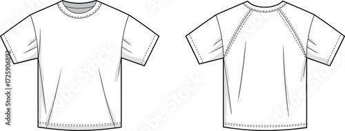 Basic short sleeve t-shirt fashion flat sketch, front and back view, vector clothing template, casual apparel design, unisex round neck tee