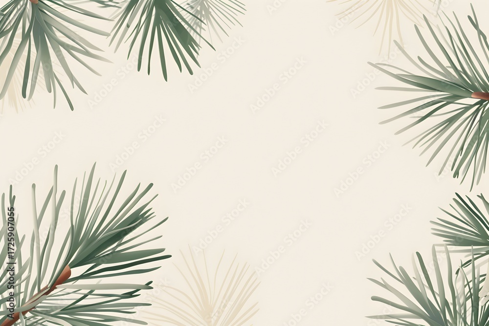 Fototapeta premium Green pine needles create a serene border on a soft beige background for seasonal decoration ideas