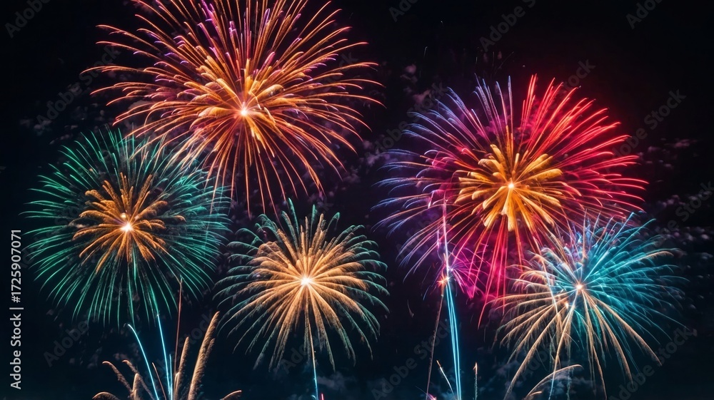 Naklejka premium Colorful Fireworks Display Against Dark Night Sky celebration 13