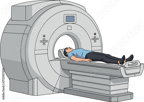 MRI scanner machine with patient undergoing medical imaging procedure in hospital for diagnostic healthcare and internal body structure analysis