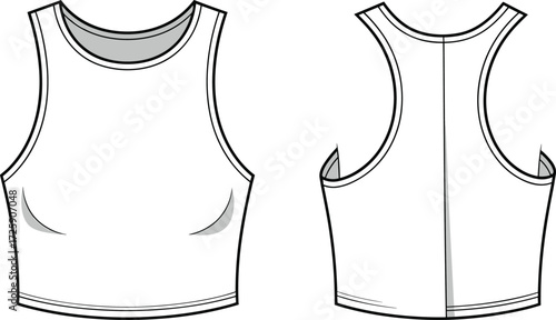 Blank white sleeveless crop tank top front and back view, casual sportswear fashion template, unisex activewear design, fitness gym clothing mockup