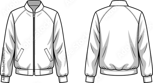 Bomber jacket fashion flat sketch, technical clothing design template, unisex outerwear illustration, modern streetwear apparel vector, front and back view