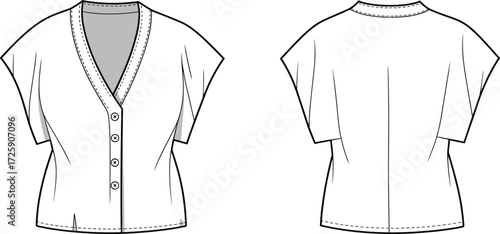 Blank women’s button front blouse fashion flat, short sleeve v neck shirt template, stylish clothing mockup, apparel design technical illustration