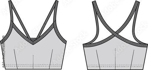 Sports bra flat sketch front and back view, strappy cross back activewear crop top design, fitness apparel fashion illustration template