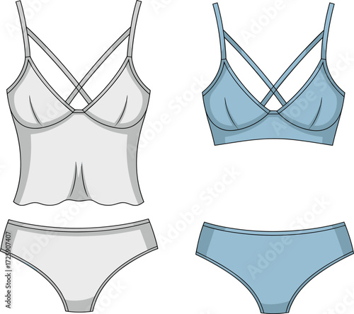 Women’s lingerie fashion set illustration, camisole and bra design, seamless underwear template, stylish intimate apparel sketch, modern lingerie clothing mockup