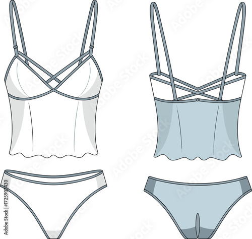 Women’s lingerie flat sketch front and back, camisole and panty underwear template, fashion clothing design, intimate wear apparel vector illustration