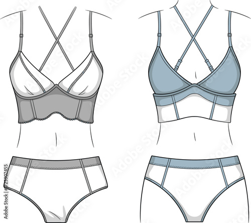 Women’s lingerie set fashion flat, bra and panty template, underwear design illustration, intimate apparel mockup, stylish clothing technical drawing for fashion design