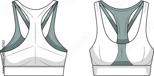 Women’s racerback sports bra design, stylish workout top template, activewear fashion illustration, seamless athletic bra mockup, fitness apparel clothing sketch