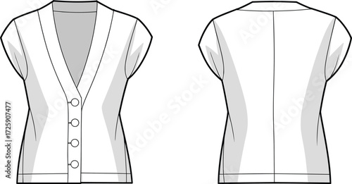 Women’s sleeveless button front blouse fashion flat, vector apparel template, stylish shirt design sketch, clothing mockup illustration, garment fashion drawing
