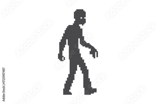 Pixelated zombie silhouette saunters ominously, evoking retro horror and video game nostalgia