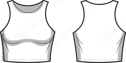 Women’s sleeveless crop top fashion flat, vector apparel design, stylish activewear tank mockup, modern clothing template, garment fashion illustration drawing