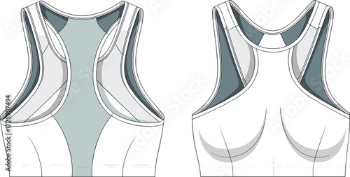 PrintWomen’s racerback sports bra fashion flat sketch, activewear crop top design template, fitness apparel technical drawing, workout clothing vector illustration