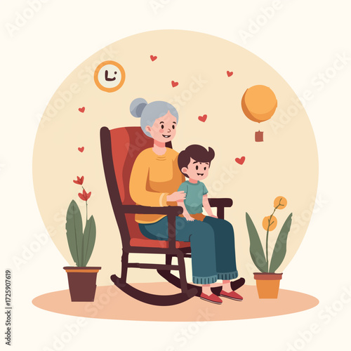 Happy Grandparents Day vector with grandparents and grandchildren in cozy home and outdoor scenes, minimal flat solid color design, ideal for cards, banners, and social media.