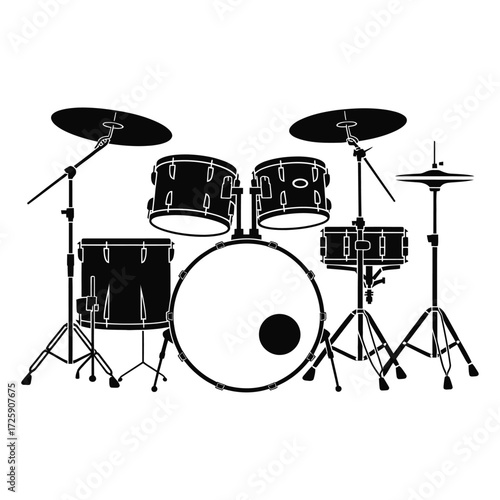 Silhouette of a complete drum set with cymbals and stands