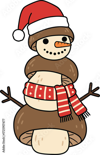 Mushroom Snowman with Santa Hat and Striped Scarf winter holiday