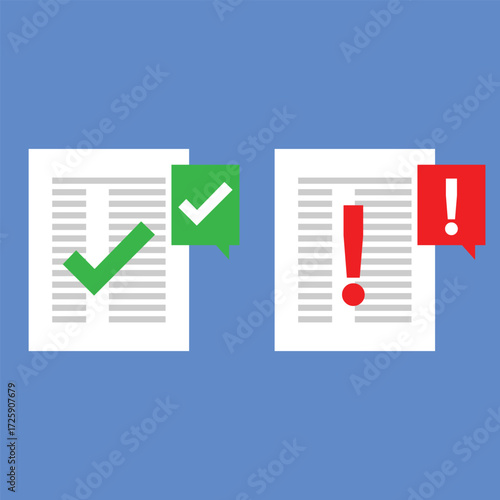 two documents with a green checkmark for approval and a red exclamation mark for error or rejection. A flat vector illustration comparing