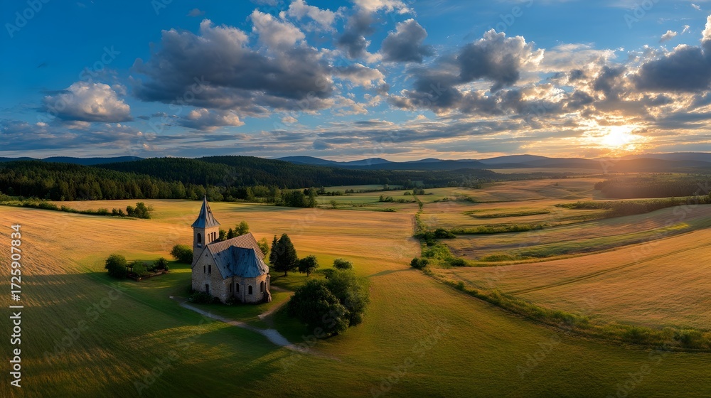 Fototapeta premium Sunset view of a historic church in the countryside surrounded by golden fields and rolling hills