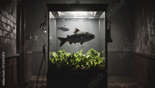 Aquaponic Salad Garden in glass. Vegan Lifestyle. Generated Image
