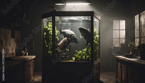 Aquaponic Salad Garden in glass. Vegan Lifestyle. Generated Image