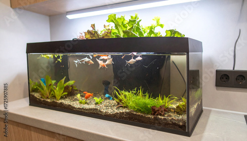 Aquaponic Salad Garden in glass. Vegan Lifestyle. Generated Image