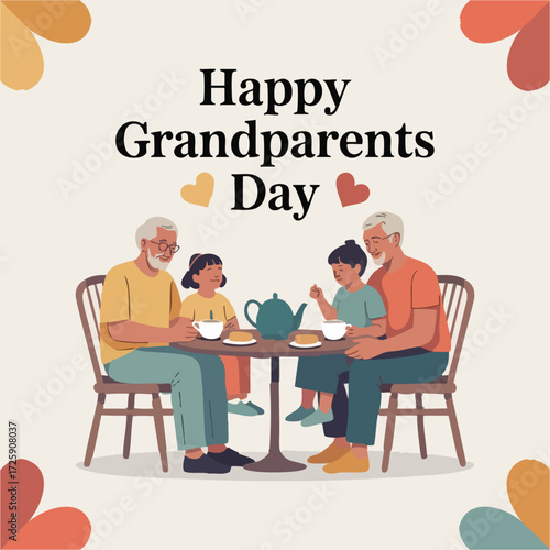 Happy Grandparents Day vector with grandparents and grandchildren in cozy home and outdoor scenes, minimal flat solid color design, ideal for cards, banners, and social media.