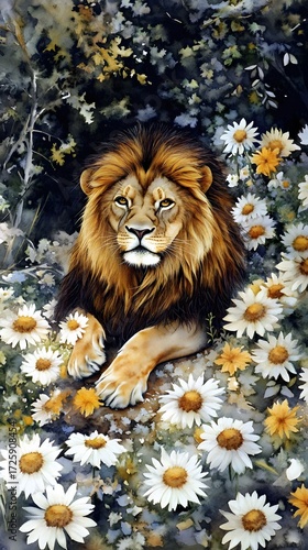 Majestic Male Lion Resting Amidst Daisies Watercolor Painting