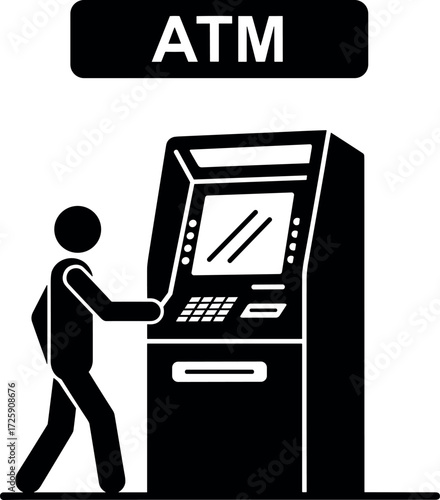 Stick figure using ATM machine for banking transaction, financial service, cash withdrawal, money access, public banking illustration, black and white vector.