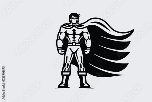 Powerful superhero stands strong wearing a dark cape with a determined expression on his face