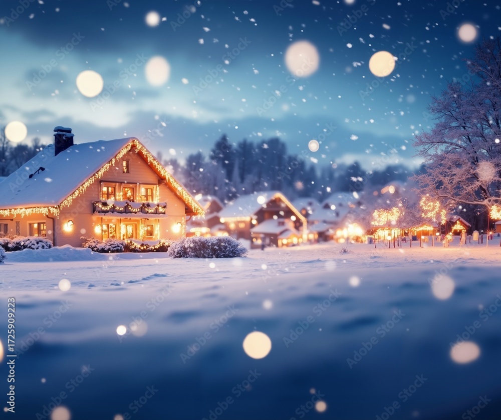 Fototapeta premium A house in the middle of a snowy landscape at night