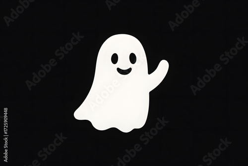 black background with one cute white ghost silhouette waving, flat minimal design