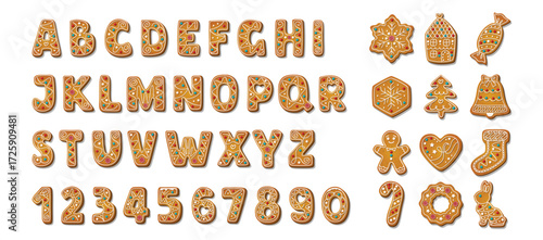 Gingerbread alphabet font and numbers. Winter homemade sweet cookies in festive shapes. Biscuit british letters for xmas holiday message. Cartoon vector illustration isolated on white background