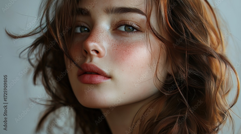 Naklejka premium Close-up portrait of a young woman with natural beauty.