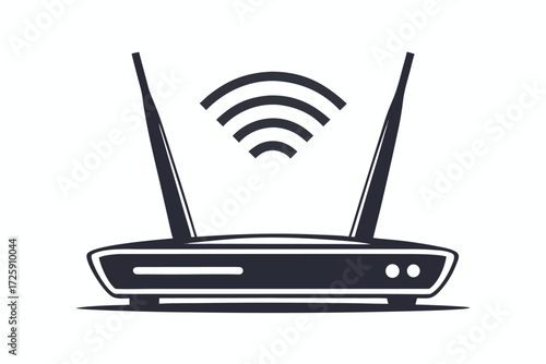 Router with antennas radiates signal underneath black stars, offering stable wireless connectivity