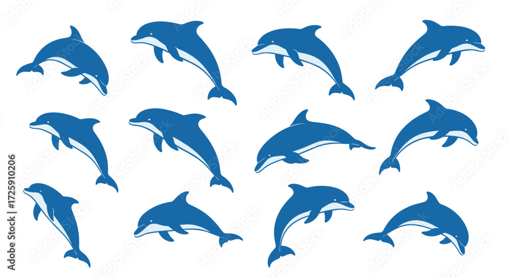Obraz premium A collection of blue dolphins jumping in the ocean waves.
