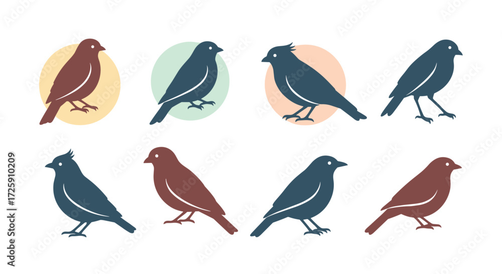 Naklejka premium A collection of simplified pixel art birds in various colors and poses.