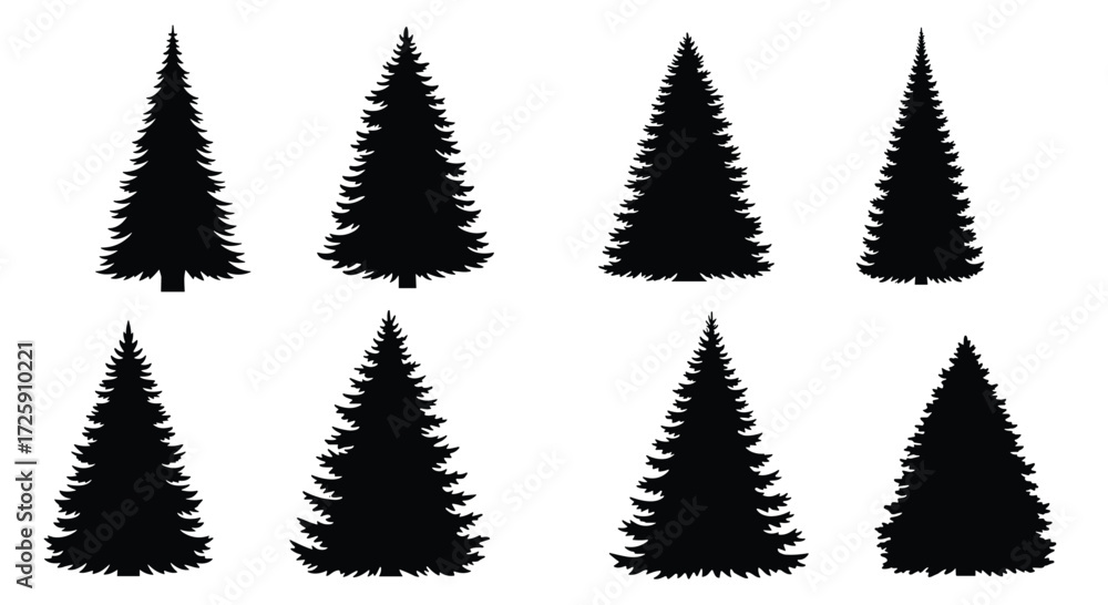 Fototapeta premium Collection of eight black silhouette evergreen trees with jagged edges suitable for various design projects.