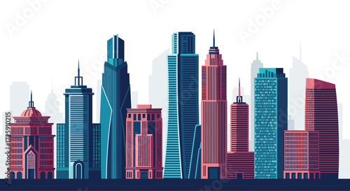 A colorful pixel art cityscape depicting a dense collection of modern skyscrapers in various architectural styles.