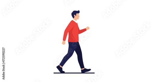 Animated character walking in casual red sweater and dark pants